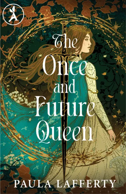 Book cover showing a woman in medieval-style dress with a sword behind her, titled The Once and Future Queen.