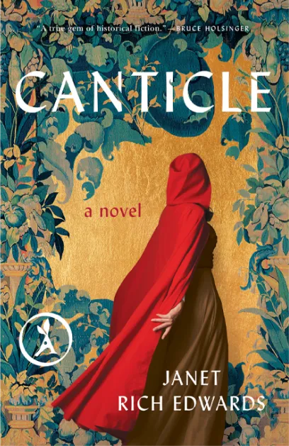 Book cover for Canticle by Janet Rich Edwards showing a figure in a red cloak against a decorative floral background.