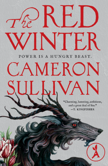 Book cover of The Red Winter by Cameron Sullivan with a dark mythical stag and red text.