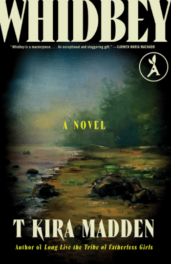 Book cover of Whidbey by T. Kira Madden featuring a misty forest landscape with rocks and water.