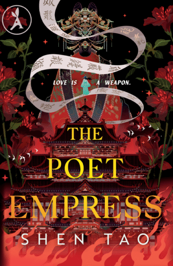 Book cover showing a traditional Asian palace with flames, flowers, and a ribbon saying Love is a weapon.