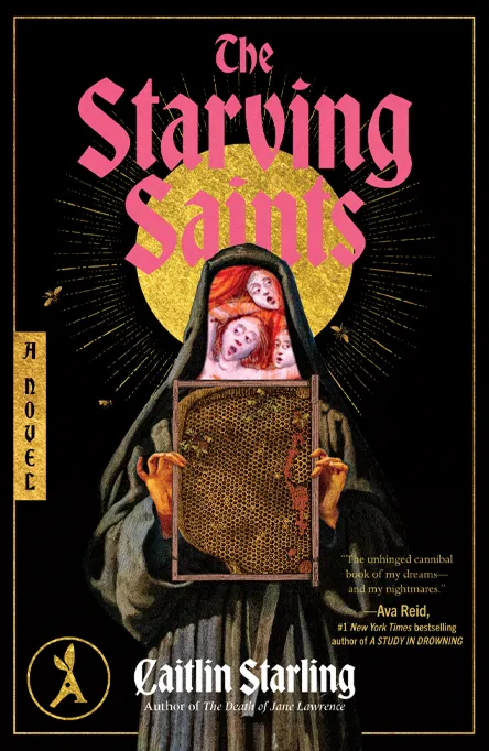 Book cover showing a hooded figure holding a honeycomb with faces emerging, titled The Starving Saints.