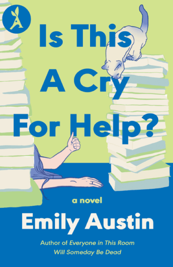 Book cover showing a person’s arms with thumbs up between tall stacks of books and a cat on top of one stack.