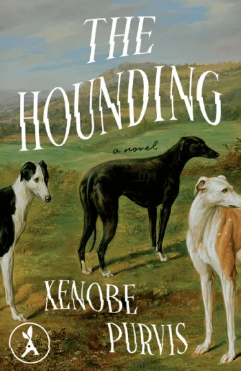 Book cover for The Hounding by Xenobe Purvis with three dogs in a grassy landscape under a cloudy sky.