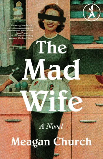 Vintage photo of a woman in a green dress and white apron with blacked-out eyes in a kitchen setting.