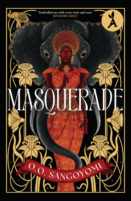 Book cover of Masquerade shows a woman in red with elephant behind her and golden floral decorations.