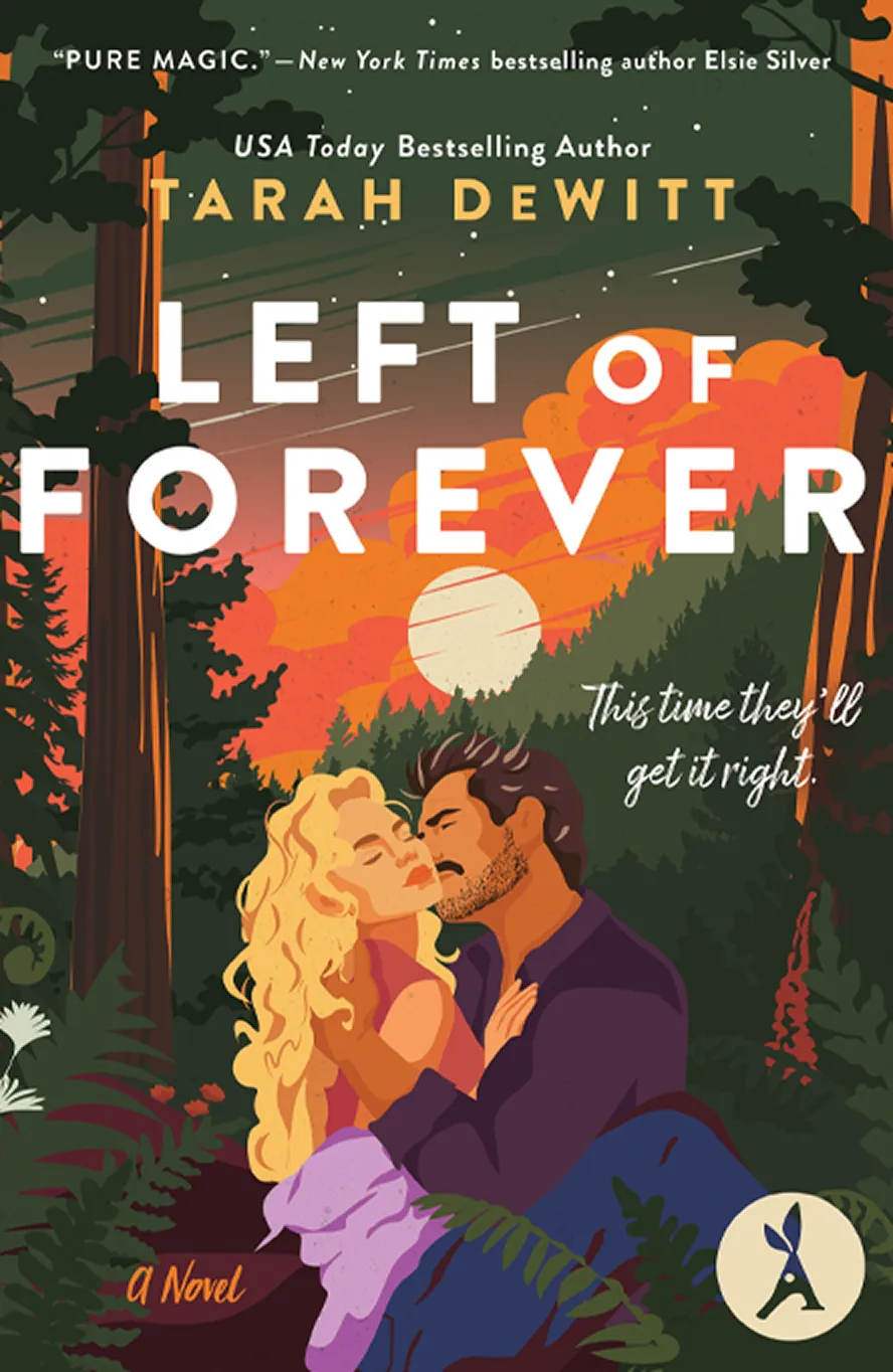 Book cover showing a couple embracing in a forest at sunset with title Left of Forever by Tarah Dewitt.